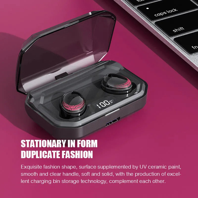 Black X10 Bluetooth wireless headset with charging case showing compact design.
