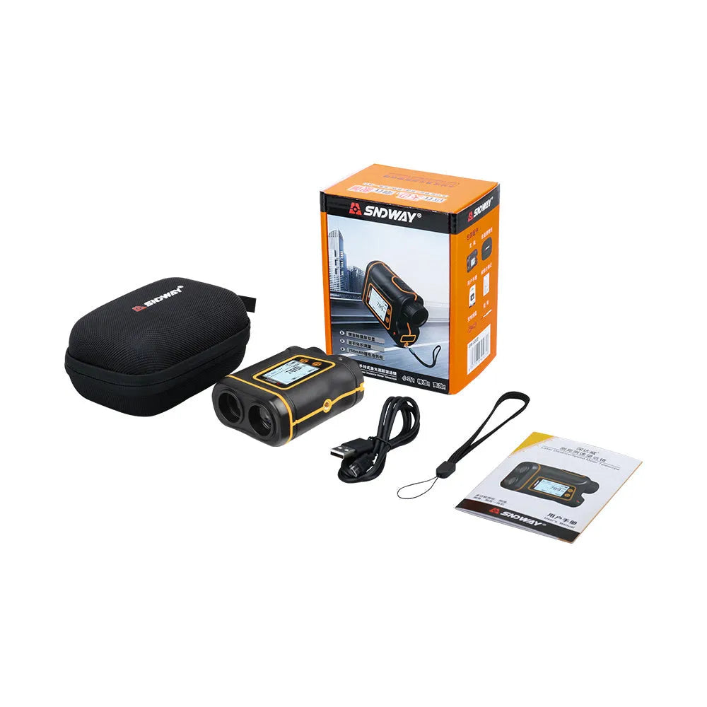 Compact black handheld golf laser rangefinder with display screen for measuring distance and slope.