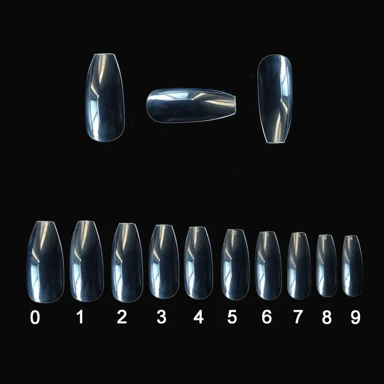 500 transparent and natural coloured ABS false nails in ten sizes, packaged in small bags.