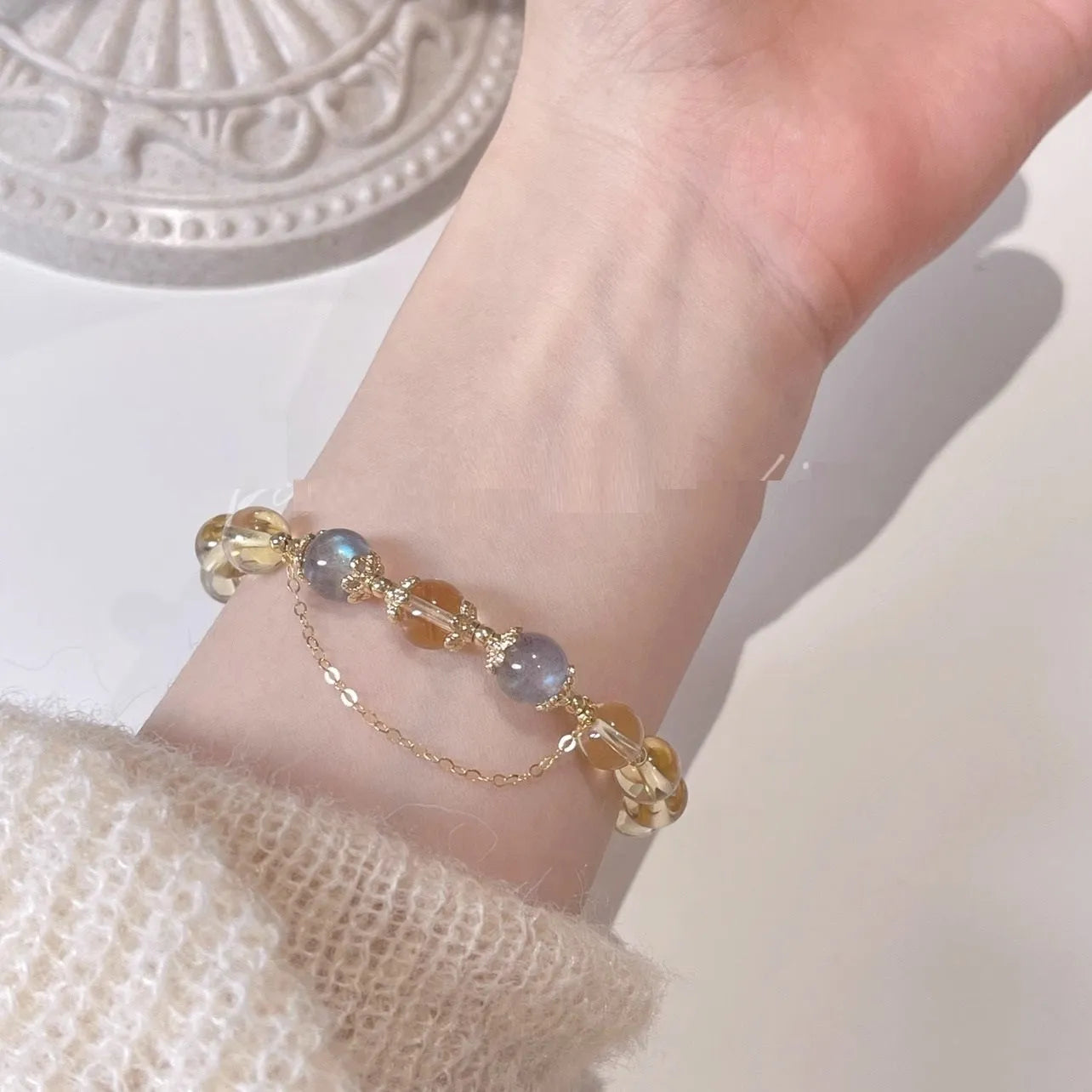 14K gold electroplated crystal bracelet with citrine moon stone and diamond-shaped charms in Chinese style