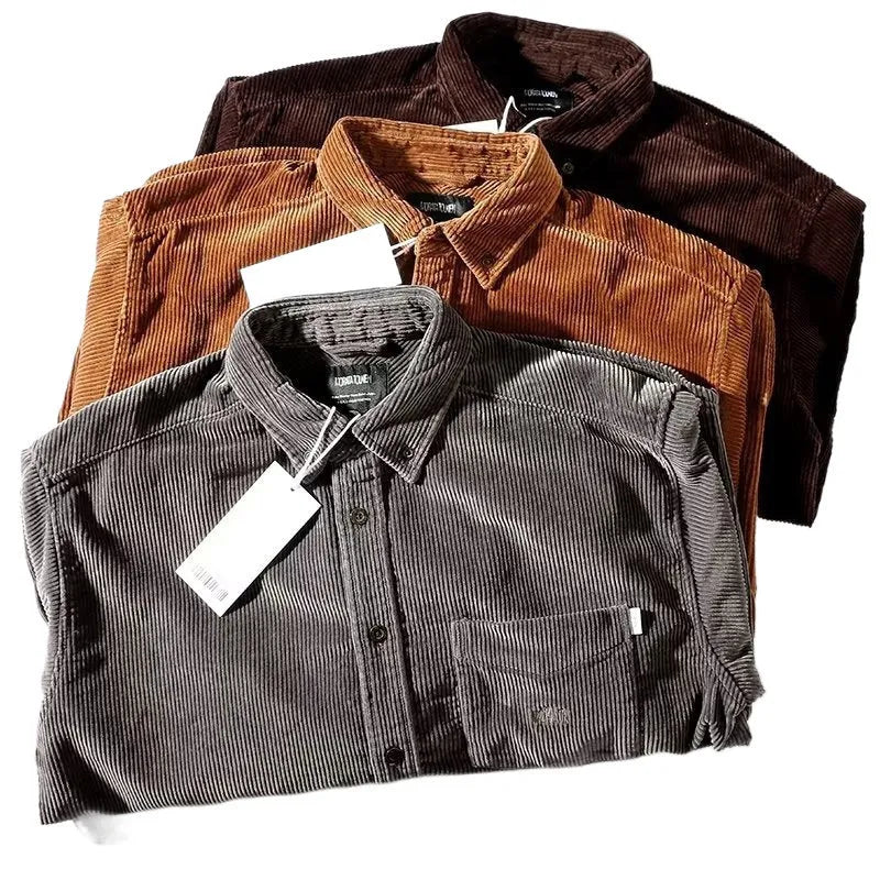 A man's loose-fit corduroy long sleeve casual shirt in caramel colour on a hanger.