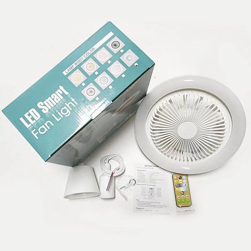 26cm round remote control ceiling fan with E27 30W LED lamp, plastic blades and shade, modern minimalist style
