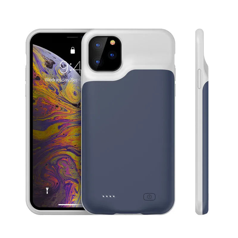Shockproof silicone iPhone battery charger case in black, showing phone model compatibility list and high capacity rating.