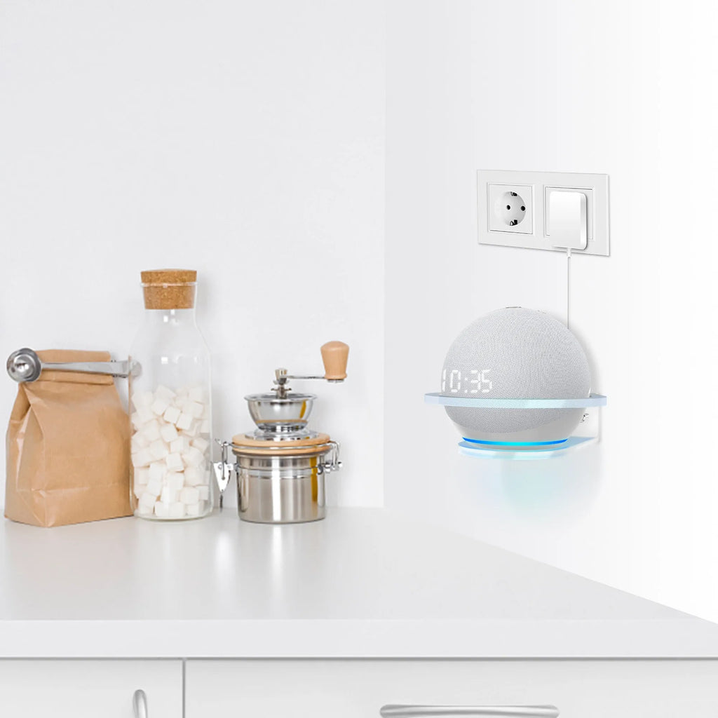 White plastic wall bracket for mounting Echo DOT 4 smart speaker