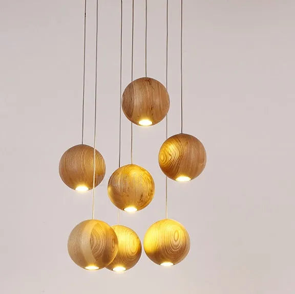 Nordic wood ball chandelier hanging light with adjustable height and wood construction