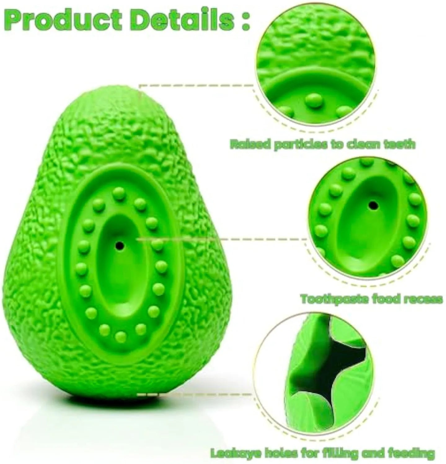 Green avocado-shaped natural rubber dog chew toy with textured surface for aggressive chewers
