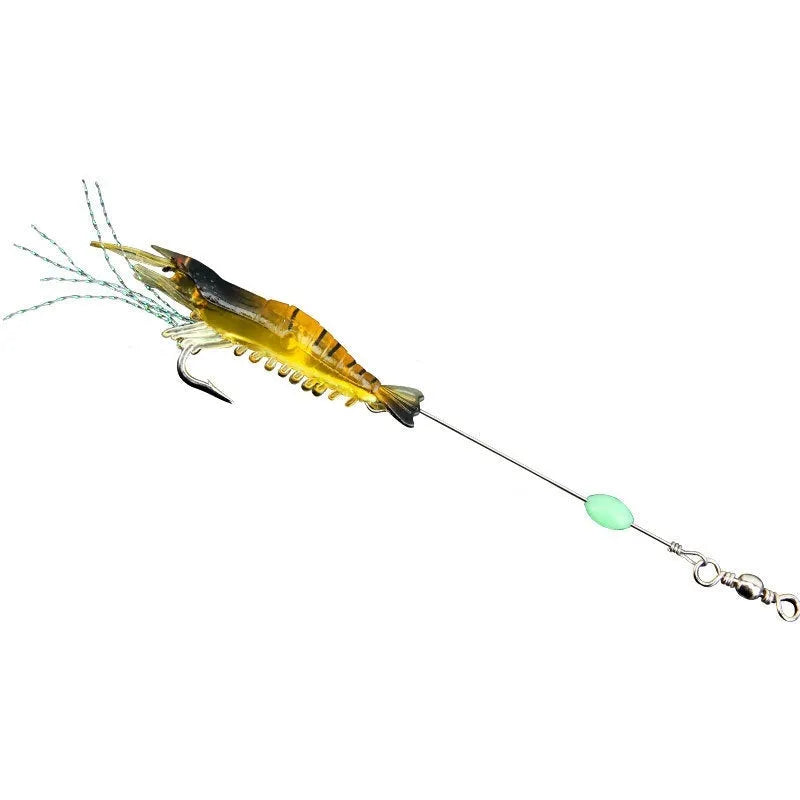 Six soft fishing lures with integrated hooks in colours including black head yellow body and luminous options