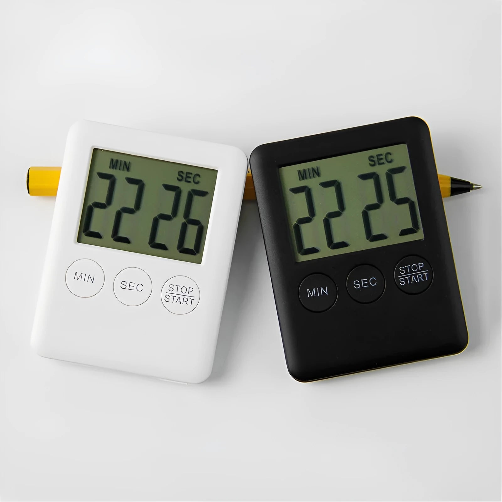 Black and white kitchen timer with magnetic back and count up countdown display