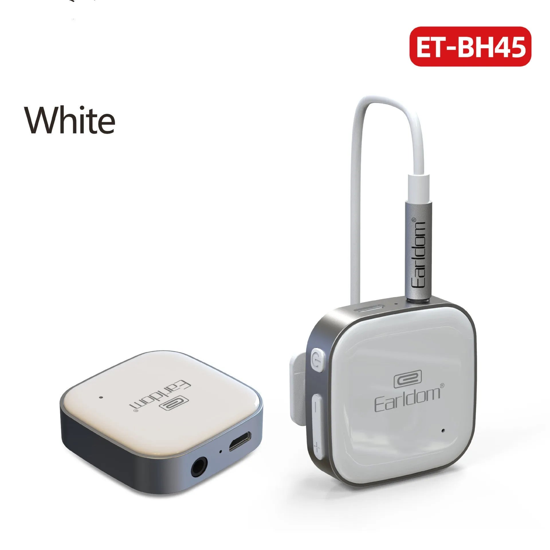 Black Bluetooth audio receiver unit for wireless headphones with lavalier earpiece
