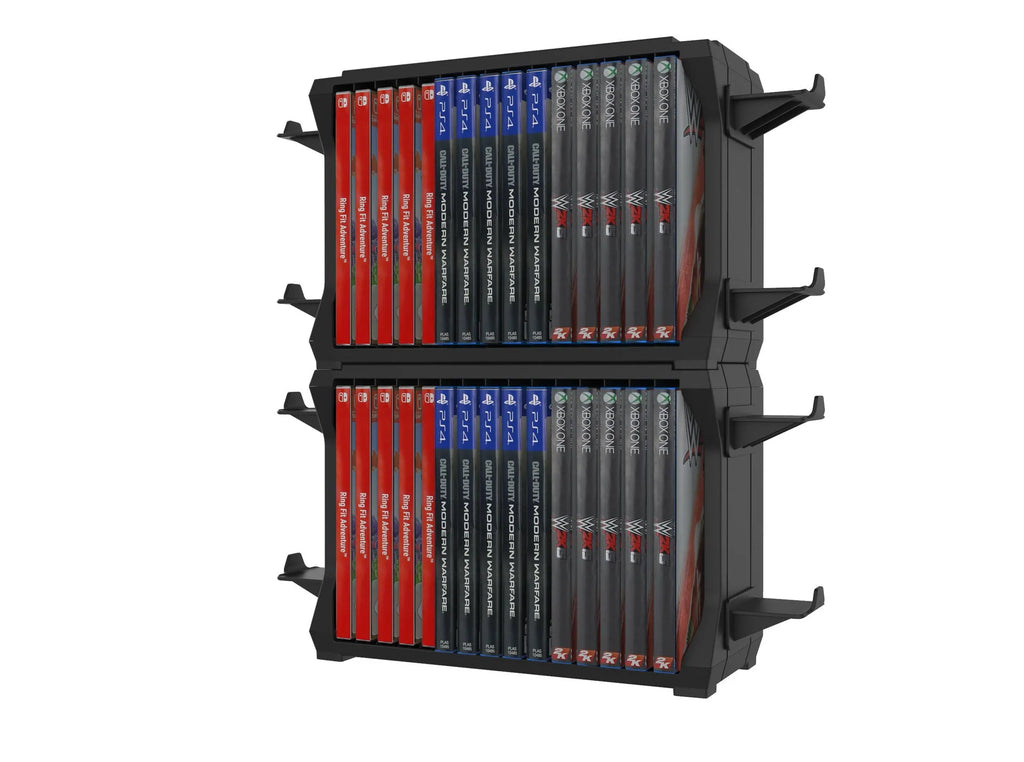 Black PS5 disc holder stand storing game cases and four controllers