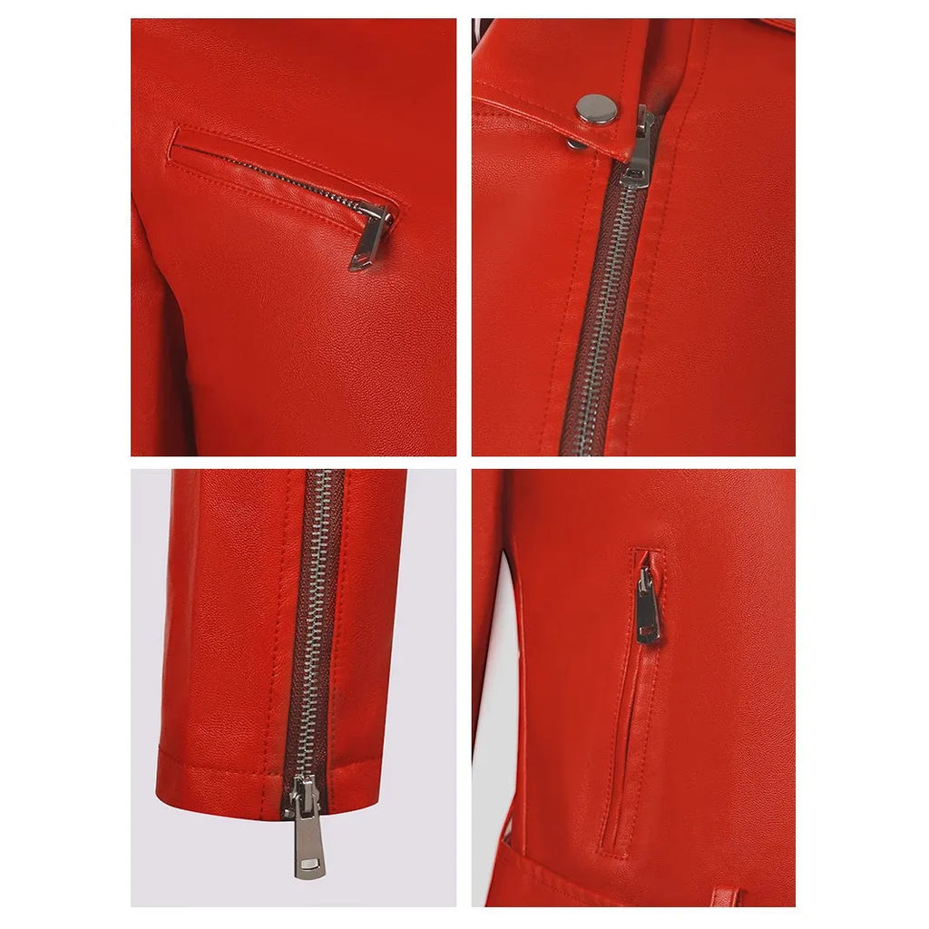 Women's black PU leather motorcycle-style jacket with lapel collar and waist belt on a hanger.