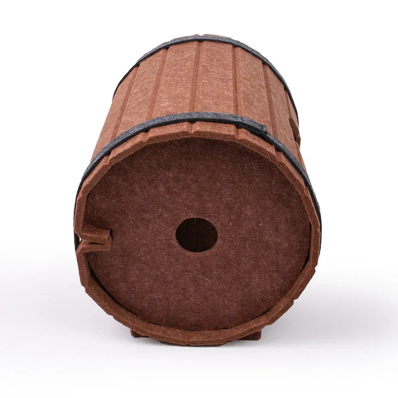 Wine barrel shaped cat bed assembled from three felt panels