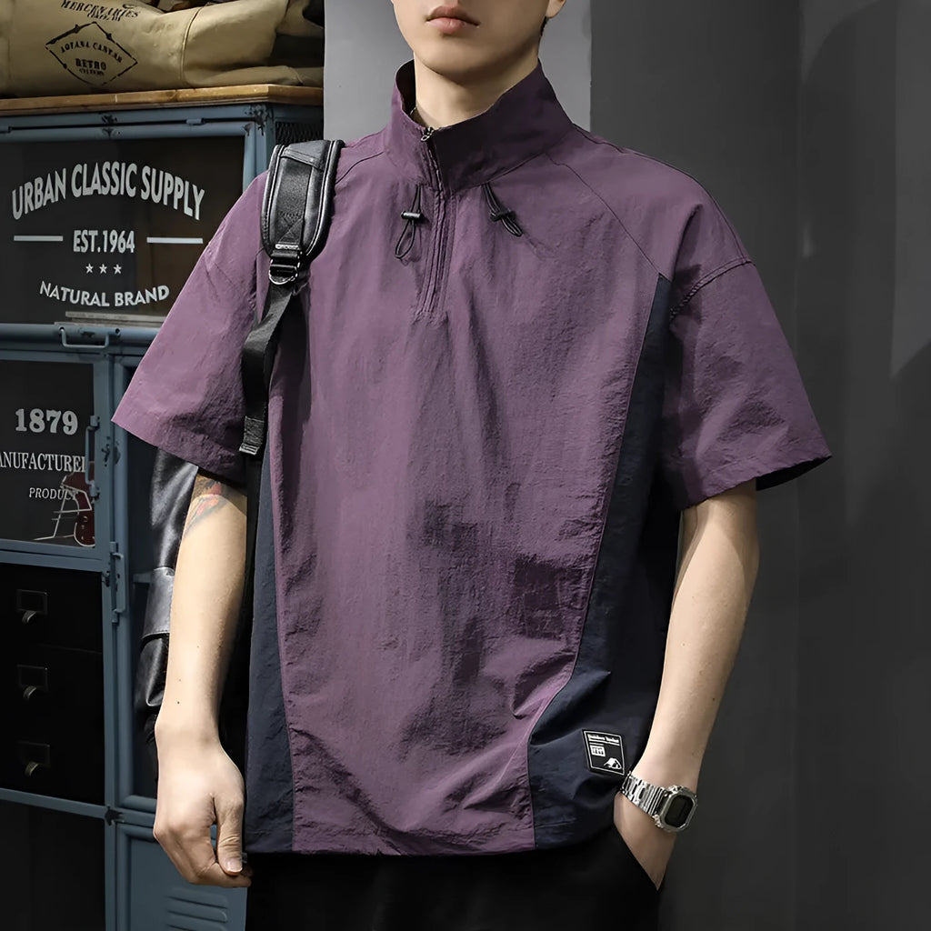 Men's brown ice silk business shirt with half-zip stand collar and short sleeves shown front view