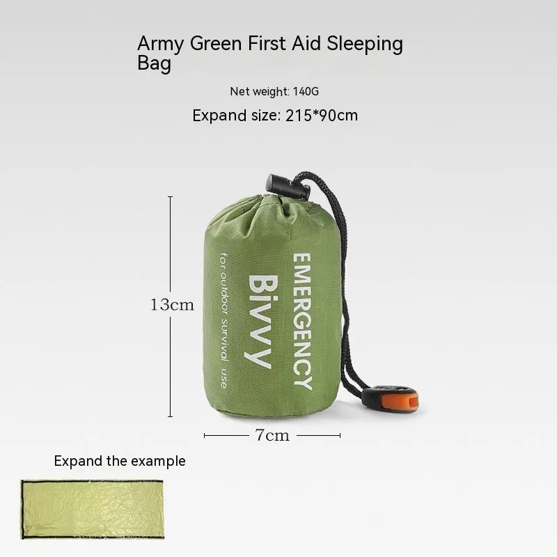 Portable disaster relief tent with emergency blanket and sleeping bag options orange and green colours