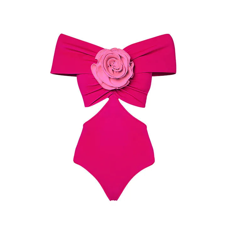 Women's floral hollow out one-piece swimsuit with matching cover-up skirt on a mannequin.