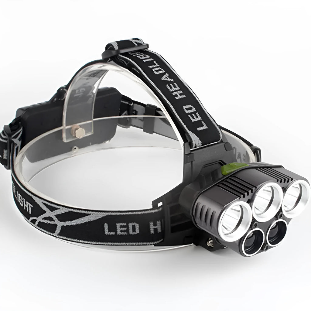 Head-mounted camping light with fixed focus long-range beam for outdoor use