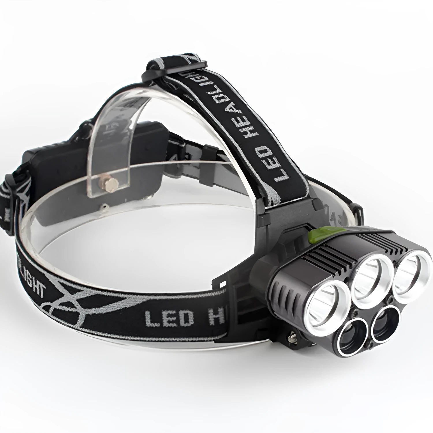 Head-mounted camping light with fixed focus long-range beam for outdoor use