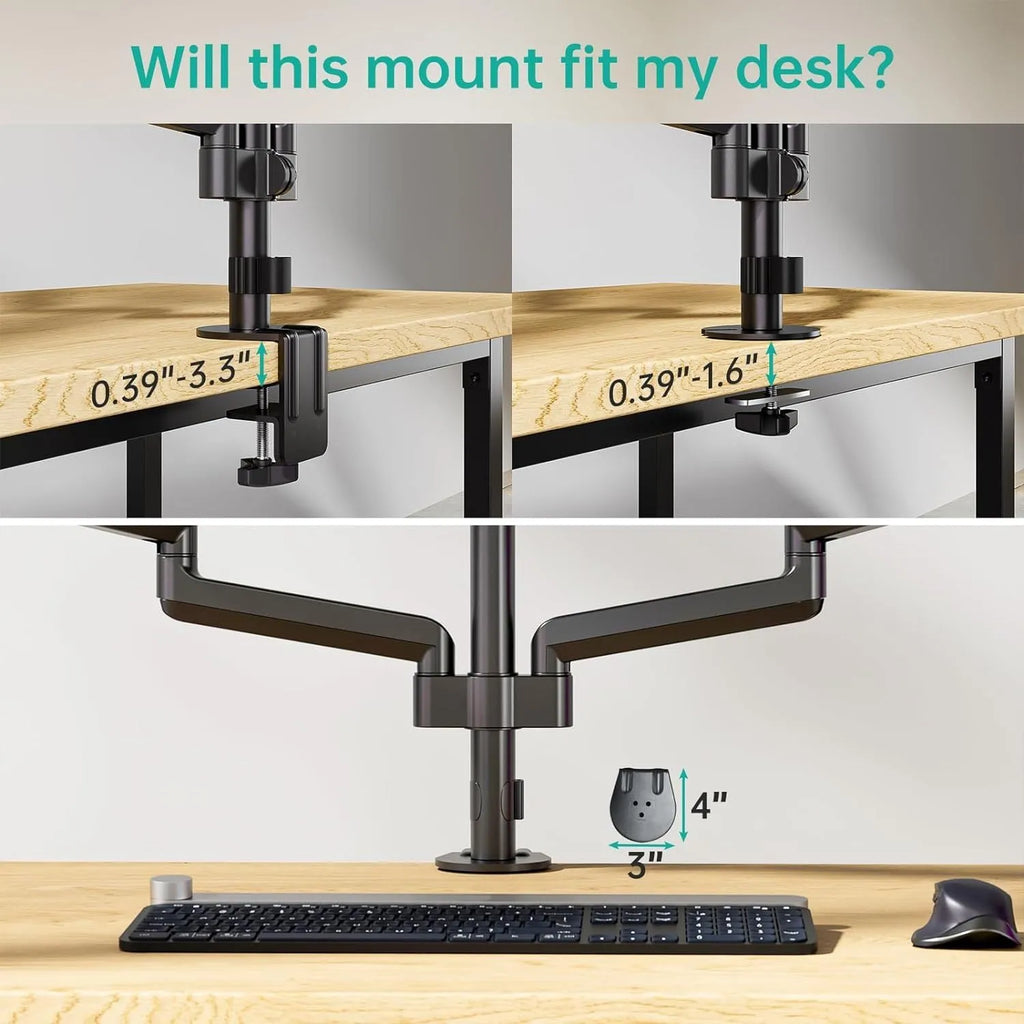 Black three-arm gas spring computer monitor arm for 13 to 27 inch screens with aluminium alloy construction