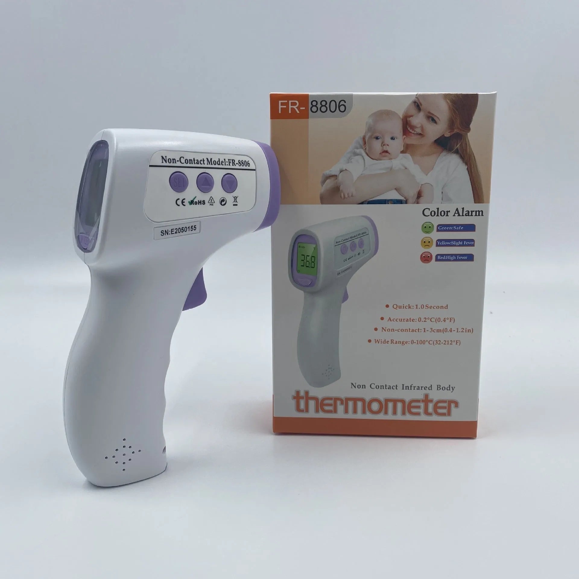 White digital non-contact thermometer with LED display screen for temperature measurement