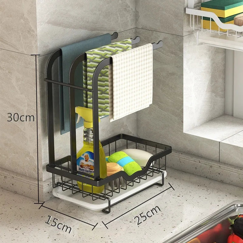 Foldable white plastic kitchen draining rack in a Chinese style, shown both wall-mounted and on a countertop.
