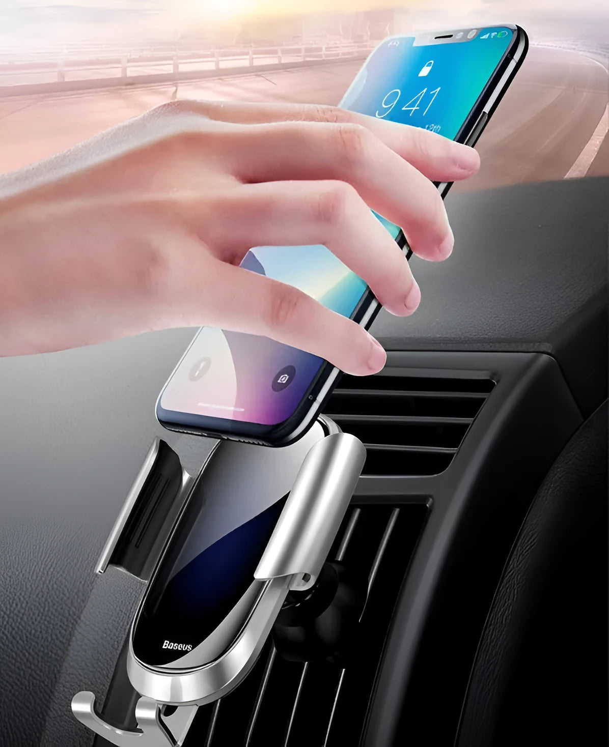 Universal smart car bracket for mobile phones with adjustable clamp dashboard mount in black, blue and silvery colours