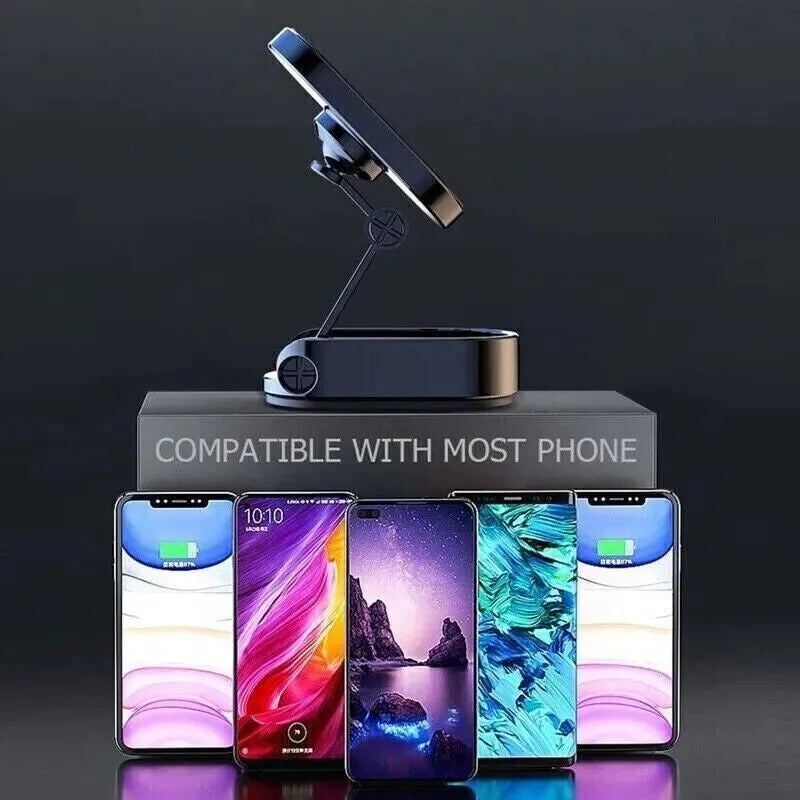 Chrome alloy folding magnetic car phone holder showing extended and folded positions on dashboard