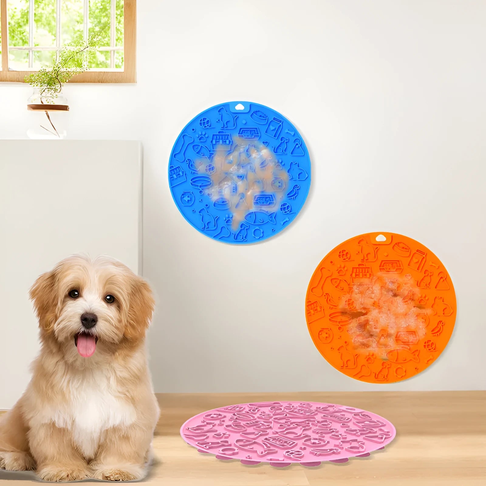 Round silicone pet licking mat with suction cup in blue colour on a floor