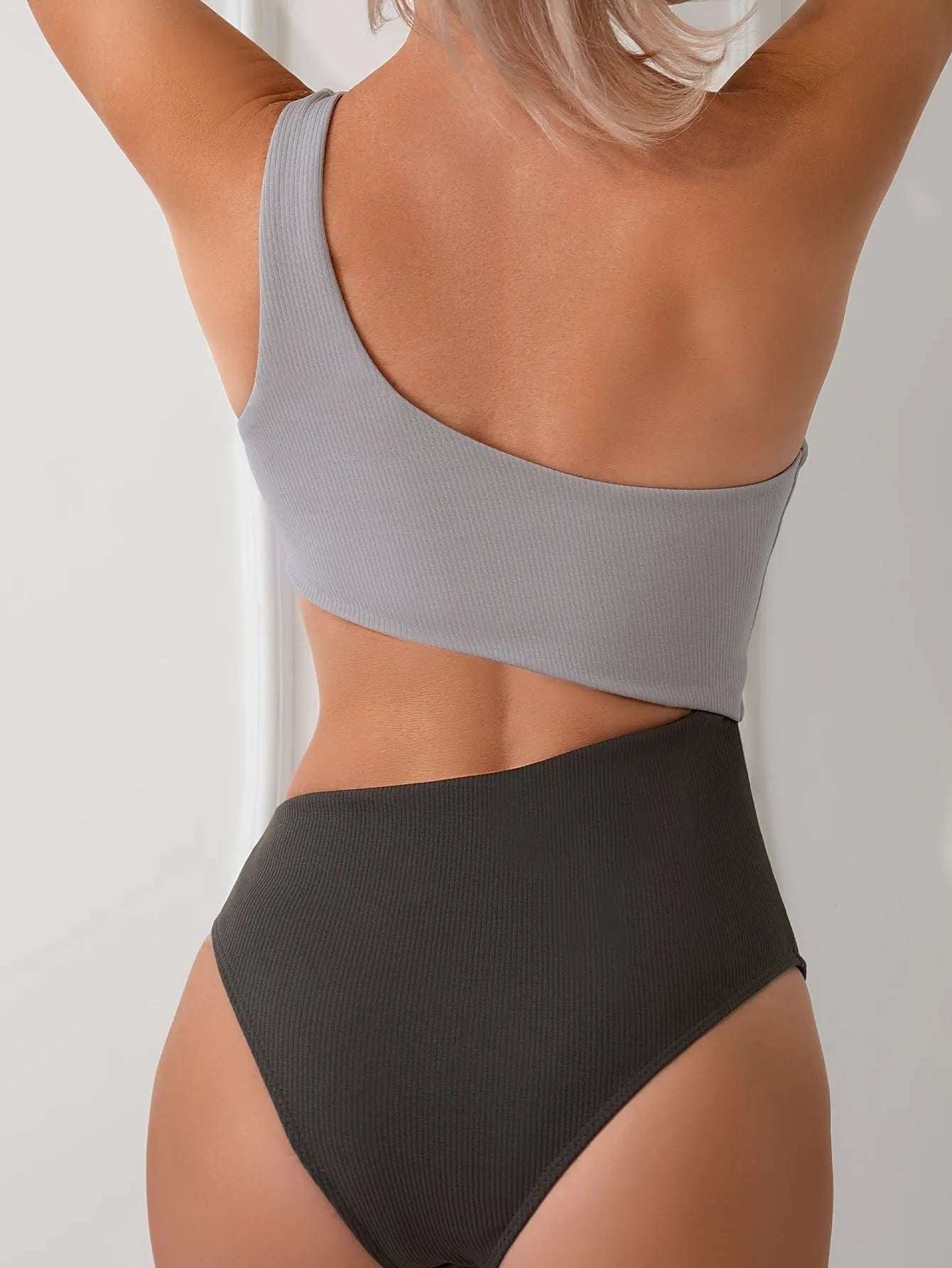 Women's light grey one-shoulder one-piece swimsuit in polyester fabric for swimming