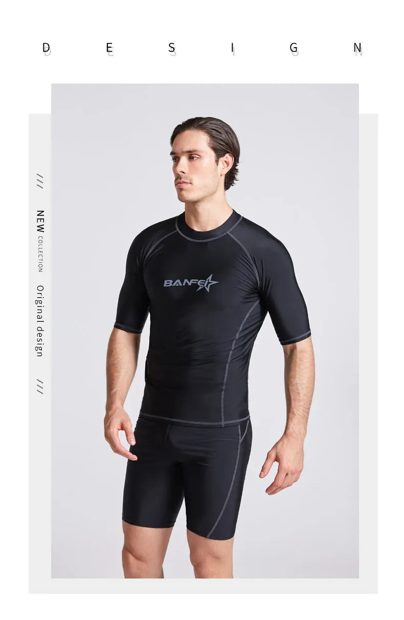 Men's blue quick-drying half sleeve nylon swimsuit set with swim top and pants for snorkelling