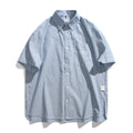 Blue striped loose-fit short-sleeved shirt in cardigan style for men and women