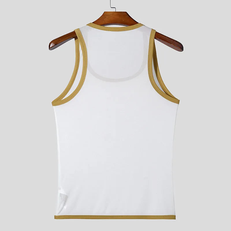 Men's solid colour sleeveless mesh fitness vest in a tight amekaji style.