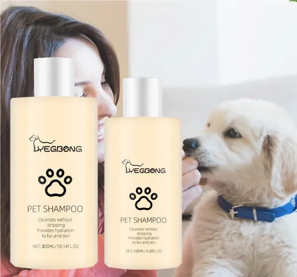Mild pet shampoo bottle for cats and dogs in 100ml and 300ml sizes