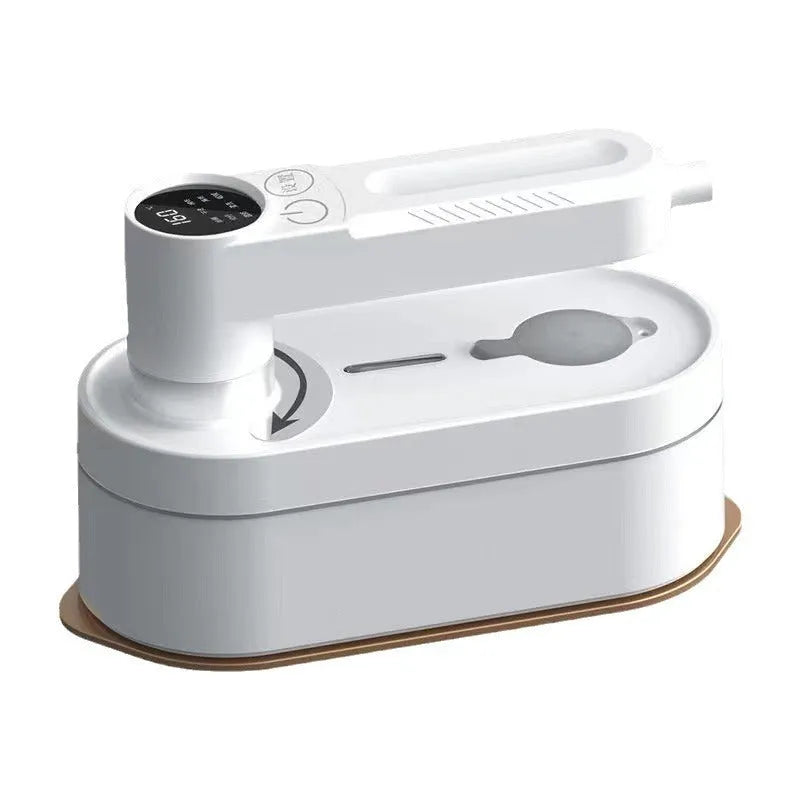 Digital display handheld steam and dry iron with metal soleplate and water tank in Elegant White on a holder
