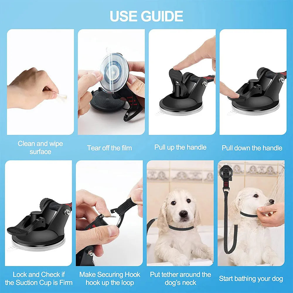 Black pet bathing restraint with four suction cups, a traction rope, and anti-bite handcuffs on a tiled wall.