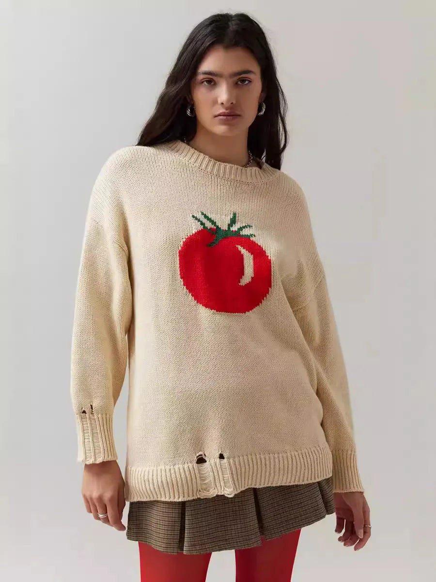 Women's loose-fitting round neck acrylic sweater with jacquard knit texture in a beige colour.