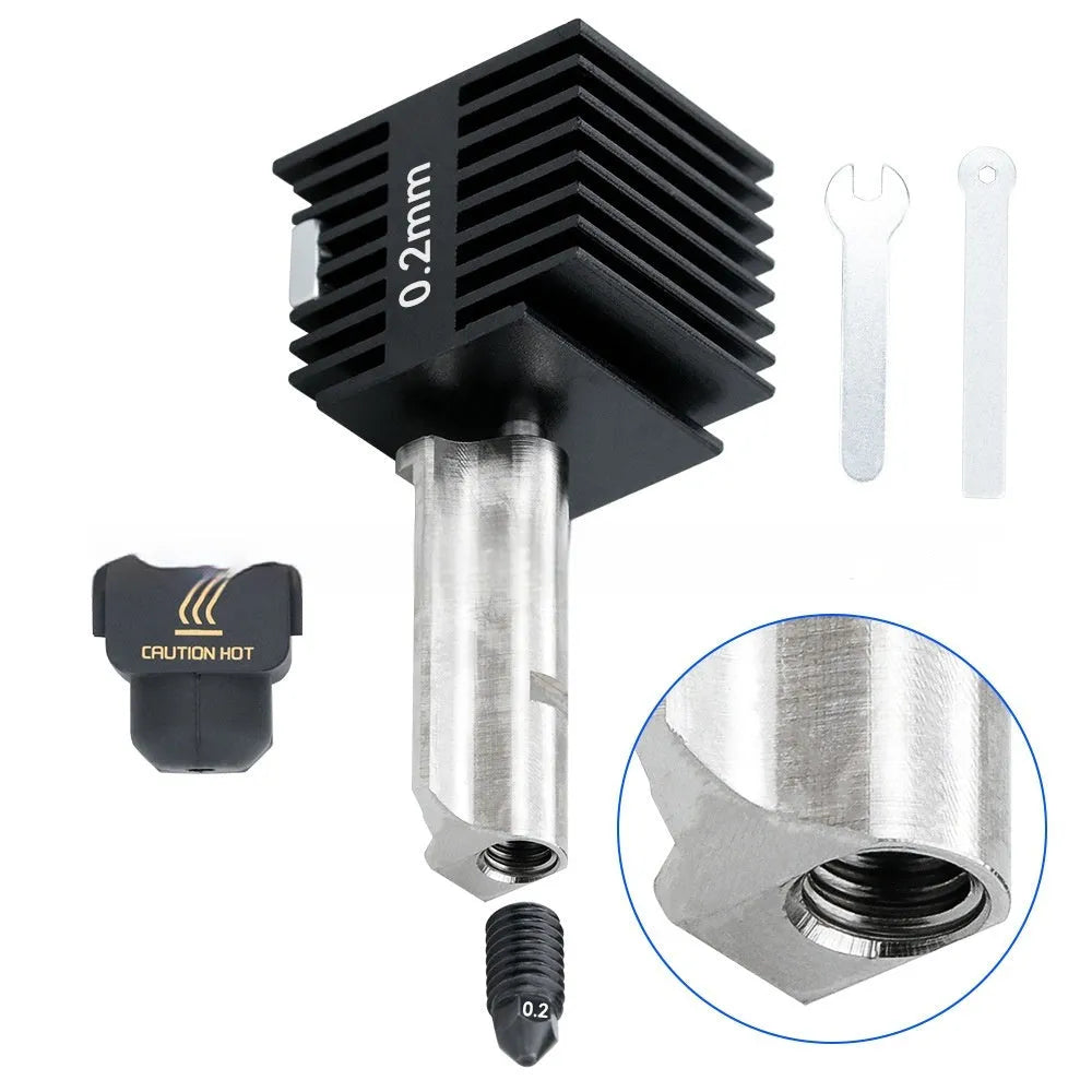 Bambu Lab A1 Mini hardened steel hot end assembly with multiple nozzle sizes and black silicone sleeve