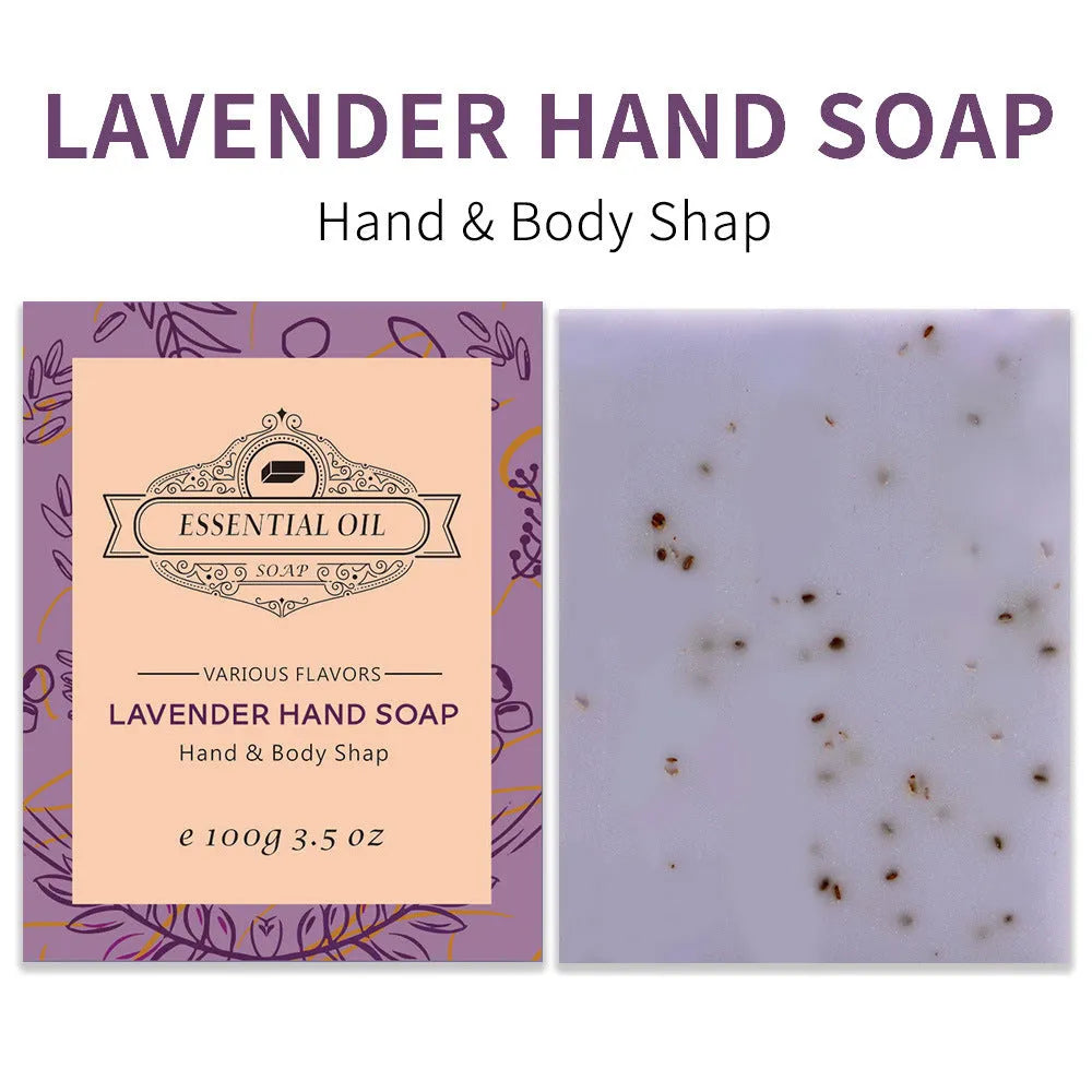 Handmade essential oil soap bar with frosted finish in 100g size showing plant-based ingredients