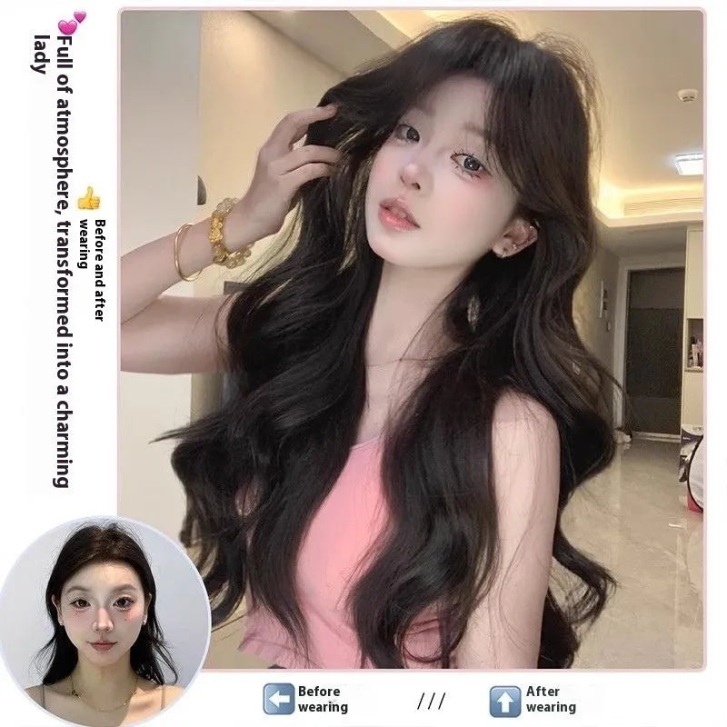 Ladies black 65cm big wave high temperature fiber wig set for crown volume increase