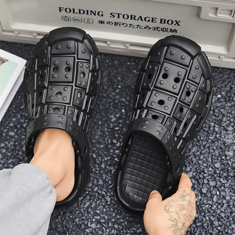 Men's black EVA sandal slippers with a thick non-slip sole and toe holder.