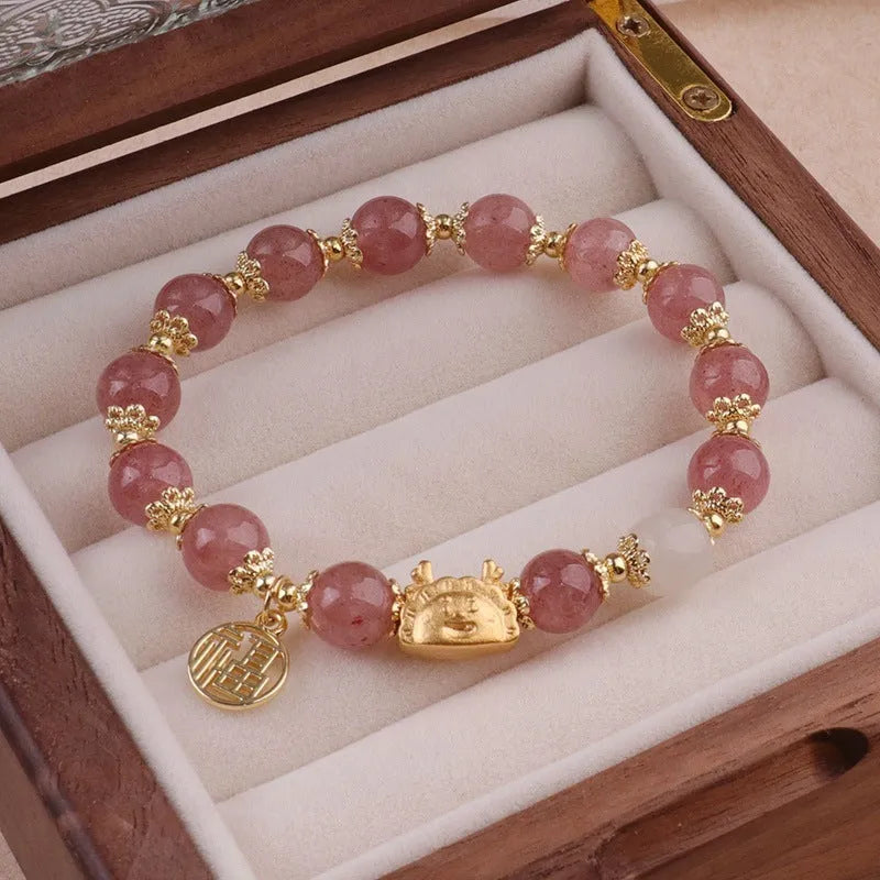 Women's glass glaze bracelet with ice crack floral pattern and red pink white pearl beads
