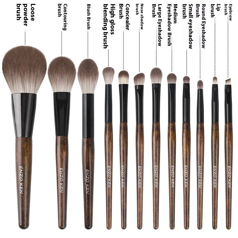 12-piece makeup brush set with wooden handles stored in black PU roll-up case