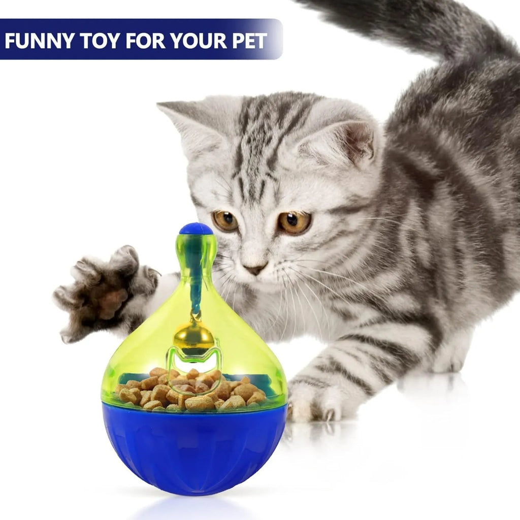Blue interactive pet treat dispenser tumbler ball for dogs and cats on a wooden floor