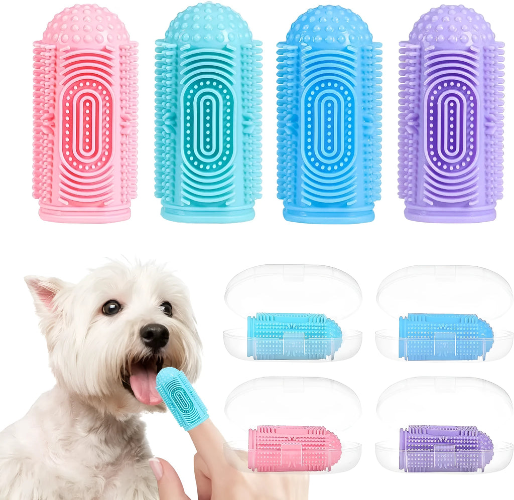 Dog finger toothbrush with 360° silicone bristles in blue, green, pink, and purple – soft non-slip sleeve for pet teeth cleaning