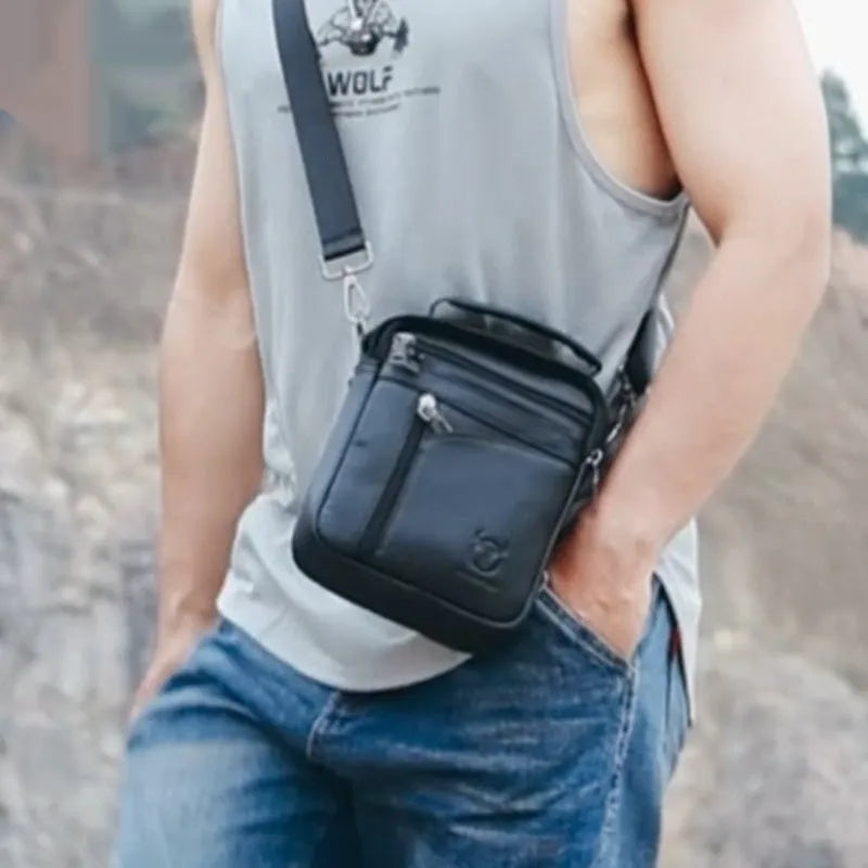 Men's black genuine leather shoulder messenger bag in a retro style.