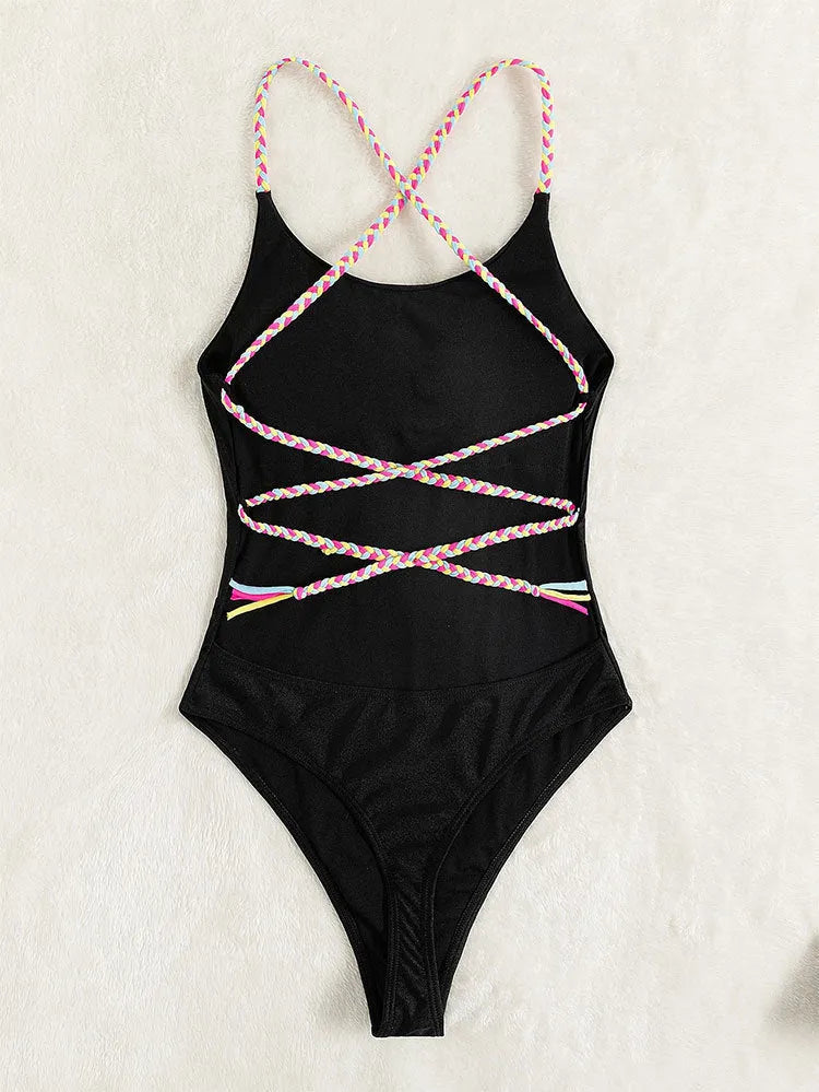 Black solid colour backless one-piece swimsuit for women made of nylon fabric