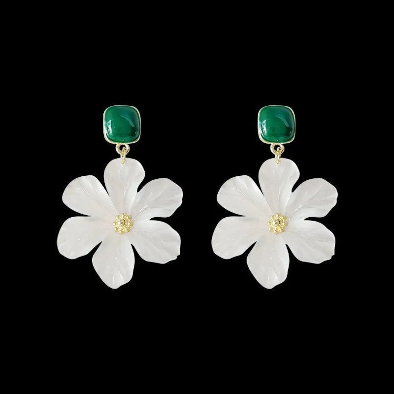 Dark green alloy drop earrings with floral needle flowers sweet filigree design