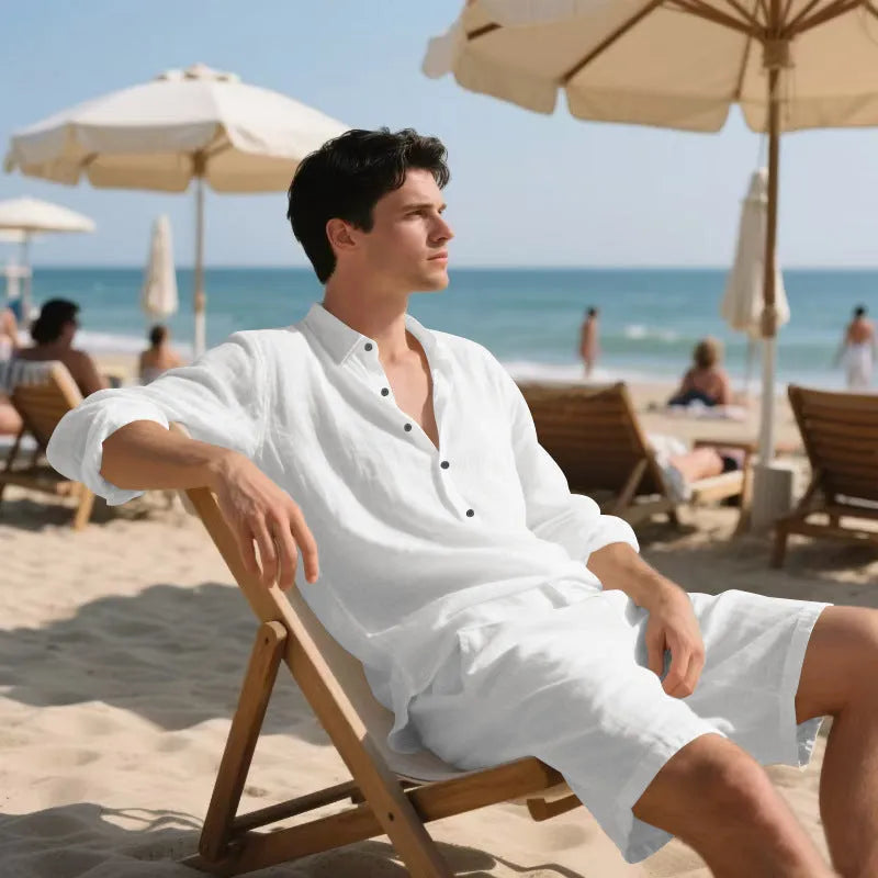 Linen two-piece beach suit set with long sleeve shirt and matching shorts in multiple colour options