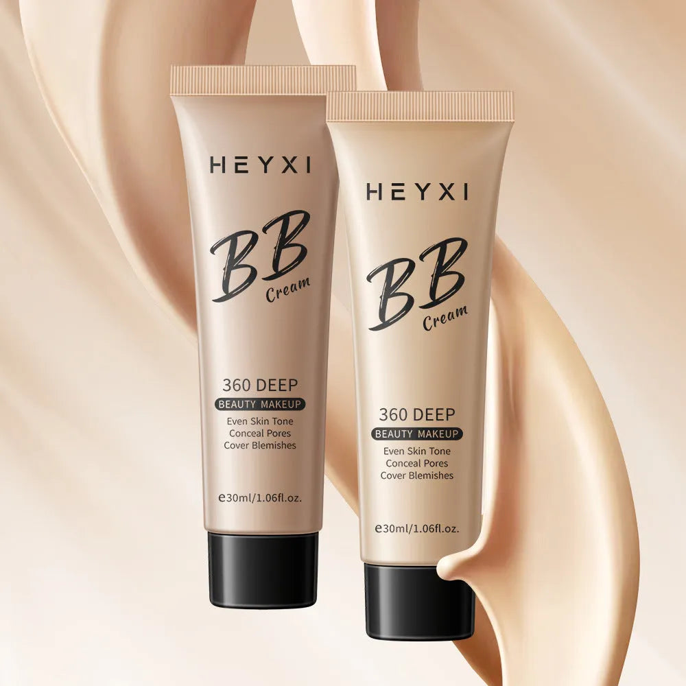 Waterproof BB cream bottle showing four colour shade options for universal skin types