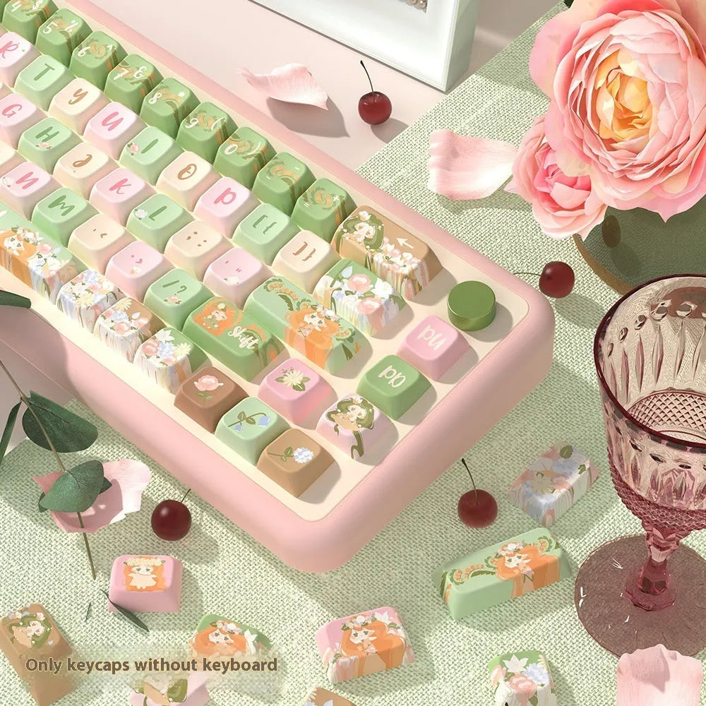 Mu Xia Garden original mechanical keyboard keycap set showing Summer Garden colour theme with sublimated graphics on five sides.