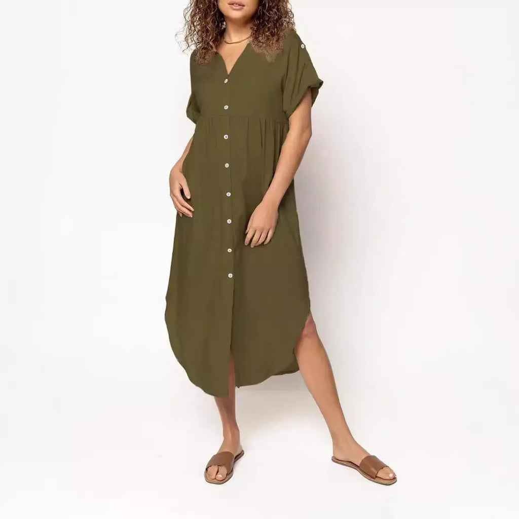 Women's casual button front mid-length dress in solid colour with regular sleeves and loose fit